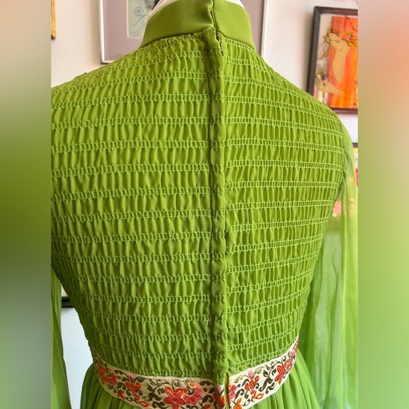 1970s Chartreuse Chiffon Victorian Medieval Revival Maxi Dress Gown - Picture 6 of 9